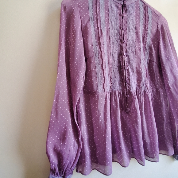 Vintage purple blouse with lace, long sleeve, Semi Sheer, Medium Size - Picture 5 of 9